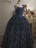 Vintage Elegant Navy Blue Bow Embroidered Train Tulle Ball Gown Evening Dress Sweet 16 Dress