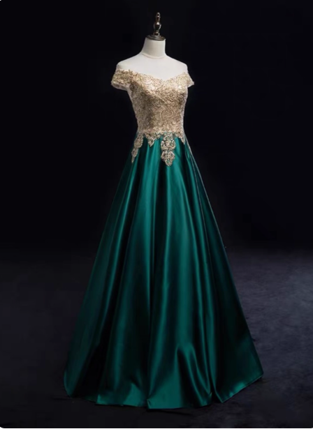 Vintage Emerald Green A-Line Off-The-Shoulder Lace Satin Long Prom Dress Evening Dress