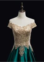 Vintage Emerald Green A-Line Off-The-Shoulder Lace Satin Long Prom Dress Evening Dress