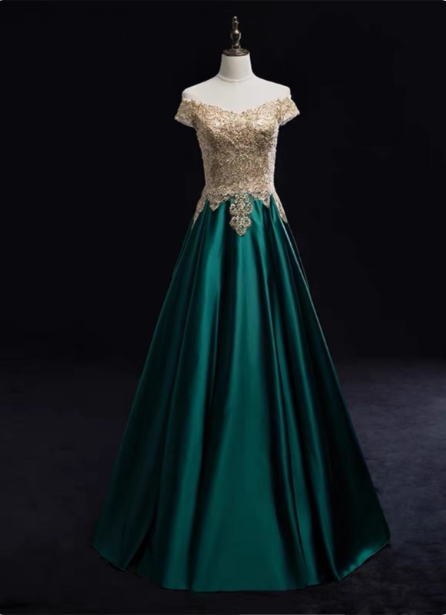 Vintage Emerald Green A-Line Off-The-Shoulder Lace Satin Long Prom Dress Evening Dress