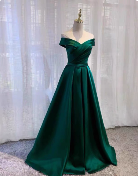 Vintage Emerald Green A-Line Off-The-Shoulder Satin Long Prom Dress Evening Dress