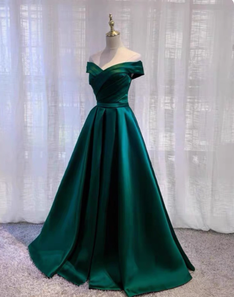 Vintage Emerald Green A-Line Off-The-Shoulder Satin Long Prom Dress Evening Dress