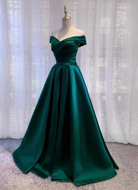 Vintage Emerald Green A-Line Off-The-Shoulder Satin Long Prom Dress Evening Dress Main image