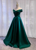 Vintage Emerald Green A-Line Off-The-Shoulder Satin Long Prom Dress Evening Dress