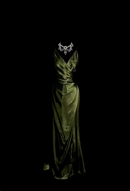 Vintage Emerald Green V-Neck Ruffled Satin Long Prom Dress Evening Dress Main image