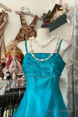 Vintage Fashion A Line Spaghetti Straps Blue Floor Length Evening Dress Prom Dresses