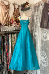 Vintage Fashion A Line Spaghetti Straps Blue Floor Length Evening Dress Prom Dresses