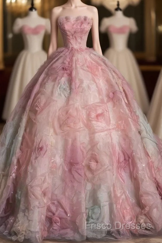 Vintage Fashion Ball Gown Strapless Pink Floral Floor Length Formal Dress Formal Prom Dress Main image