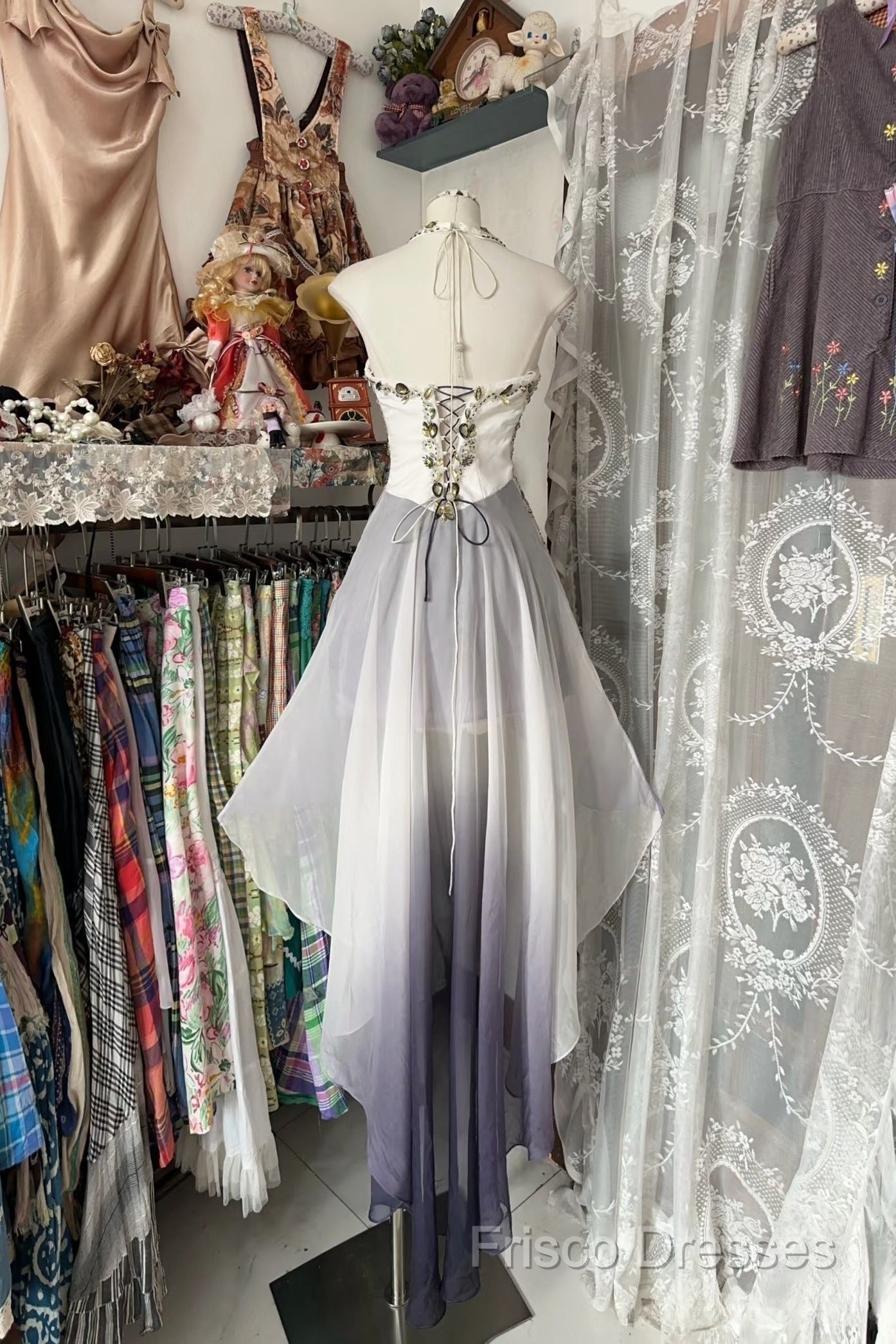 Vintage Fashion High Low Halter Ombre Gray Chiffon Formal Dress Formal Prom Dress
