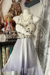 Vintage Fashion High Low Halter Ombre Gray Chiffon Formal Dress Formal Prom Dress