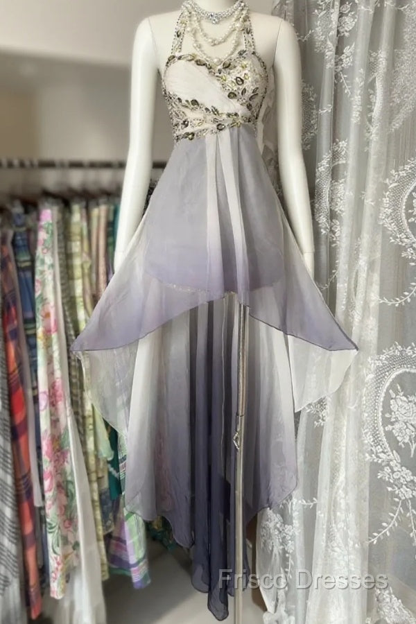 Vintage Fashion High Low Halter Ombre Gray Chiffon Formal Dress Formal Prom Dress