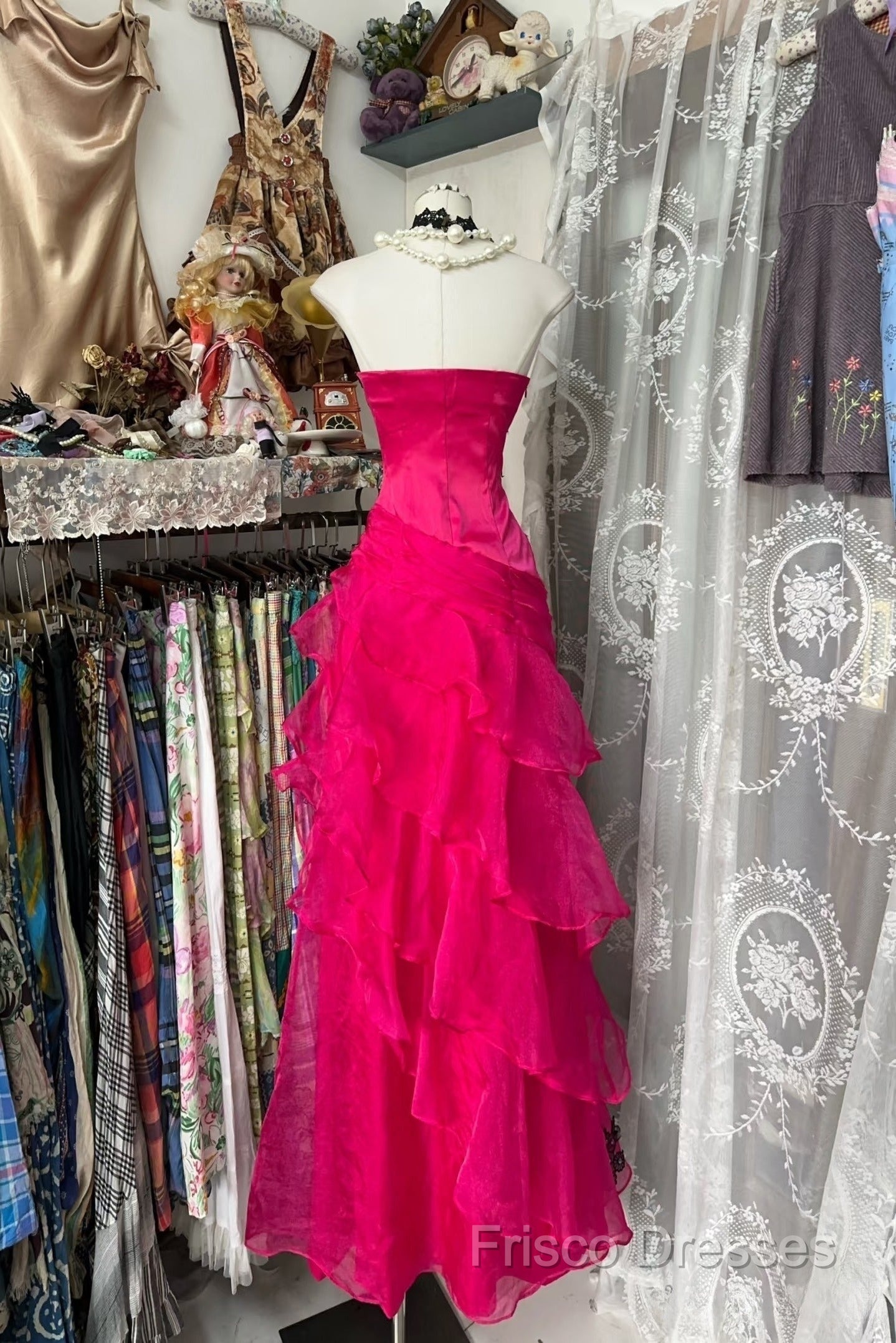 Vintage Fashion Mermaid Strapless Hot Pink Floor Length Formal Dress Formal Prom Dress Secondary image