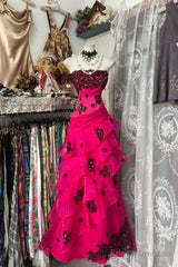 Vintage Fashion Mermaid Strapless Hot Pink Floor Length Evening Dress Prom Dresses