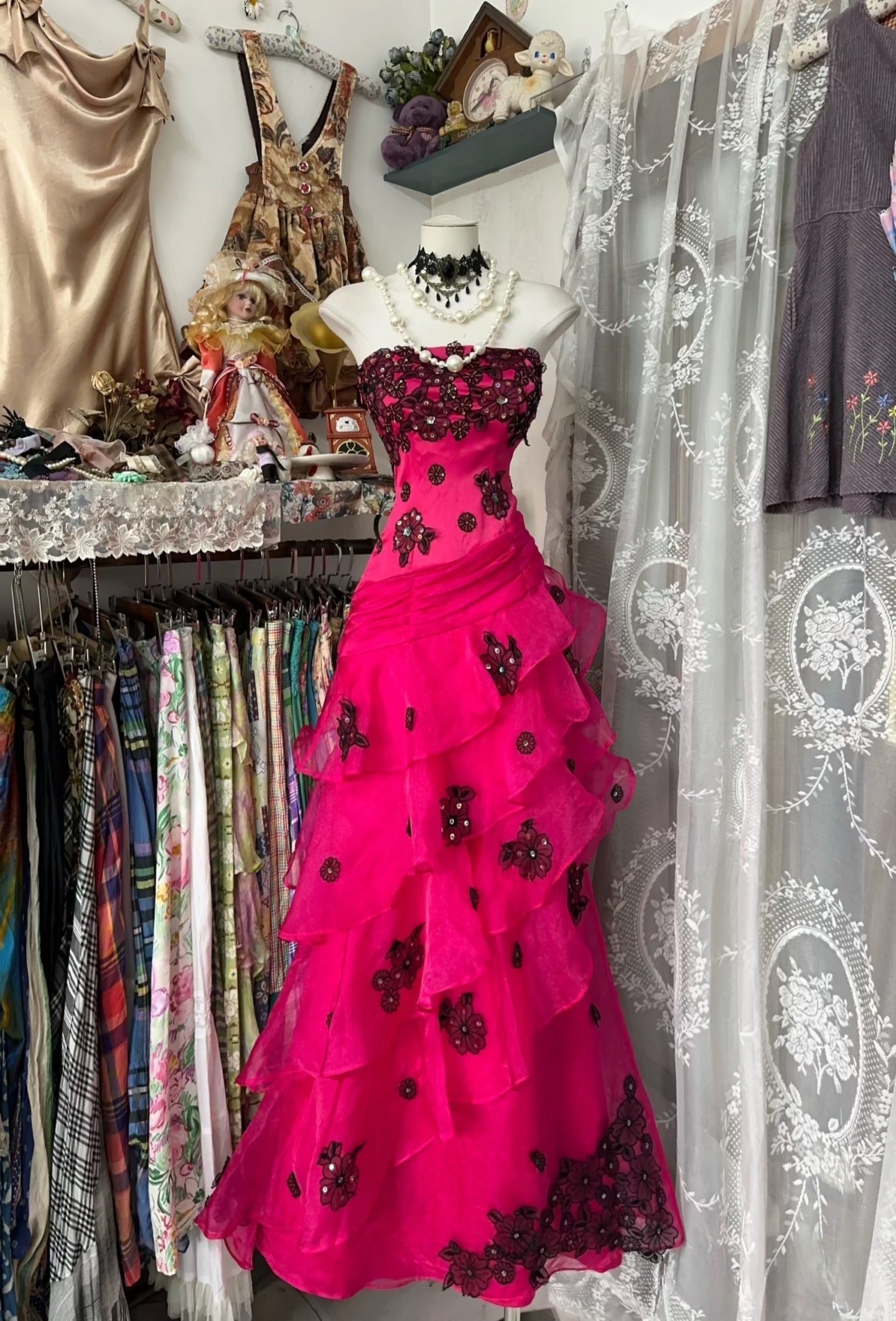 Vintage Fashion Mermaid Strapless Hot Pink Floor Length Evening Dress Prom Dresses Main image
