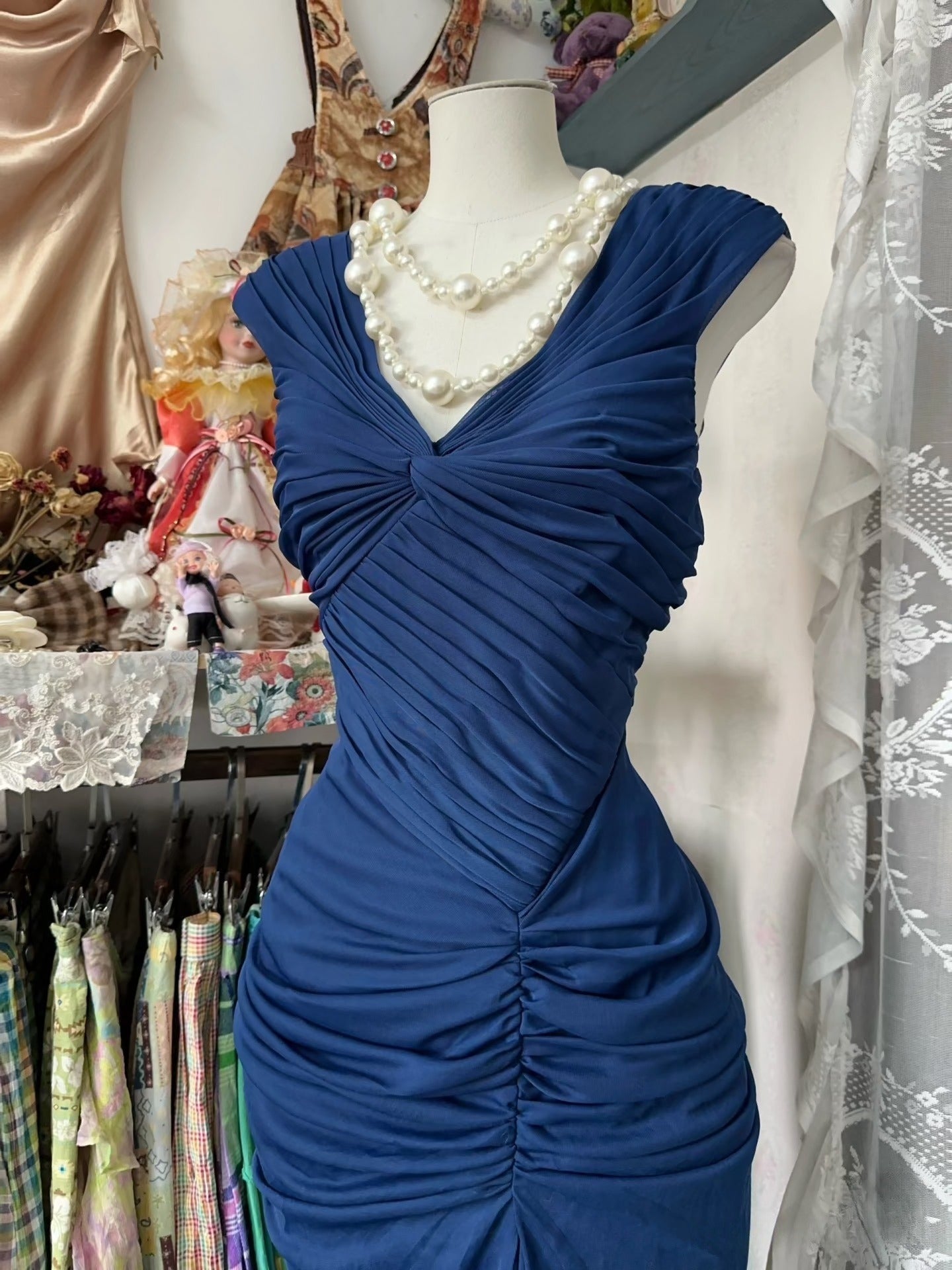 Vintage Fashion Mermaid V Neckline Navy Blue Floor Length Evening Dress Prom Dresses Secondary image