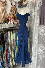 Vintage Fashion Mermaid V Neckline Navy Blue Floor Length Evening Dress Prom Dresses