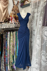 Vintage Fashion Mermaid V Neckline Navy Blue Floor Length Evening Dress Prom Dresses