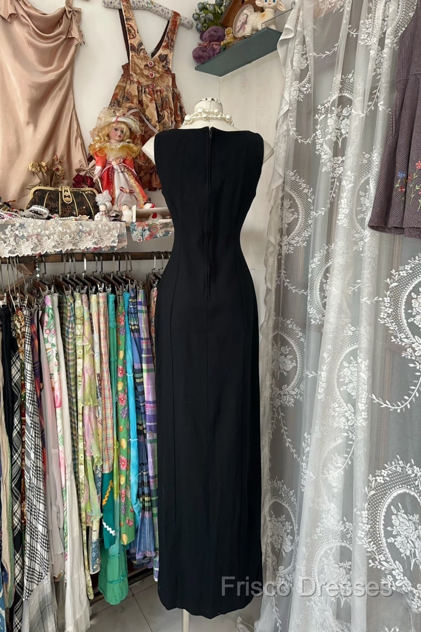 Vintage Fashion Sheath Straps Black Slit Floor Length Formal Dress Formal Prom Dress Secondary image