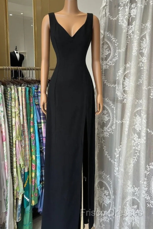 Vintage Fashion Sheath Straps Black Slit Floor Length Formal Dress Formal Prom Dress Main image