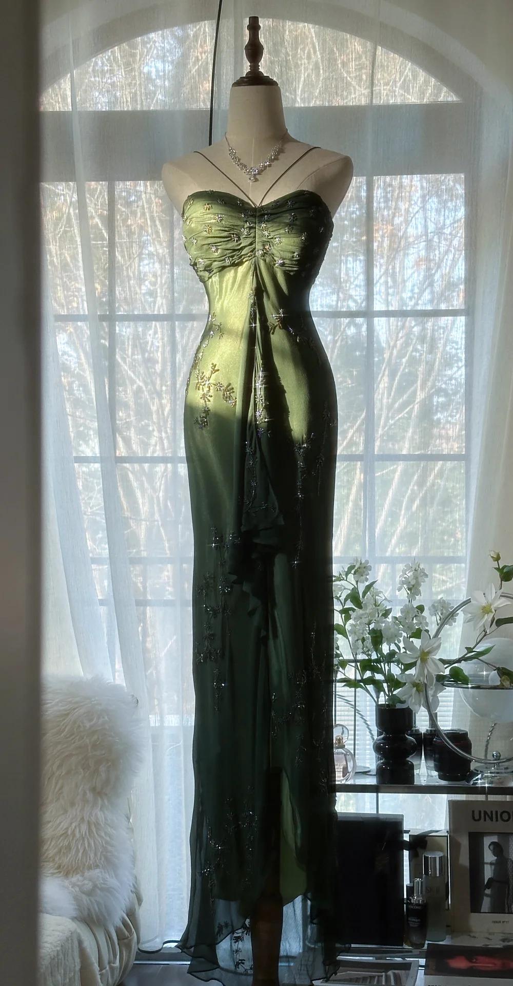 Vintagee??? Forest Green Spaghetti Straps Long Prom Dresses Glitter Chiffon Beaded Elegant Party Dresses Main image