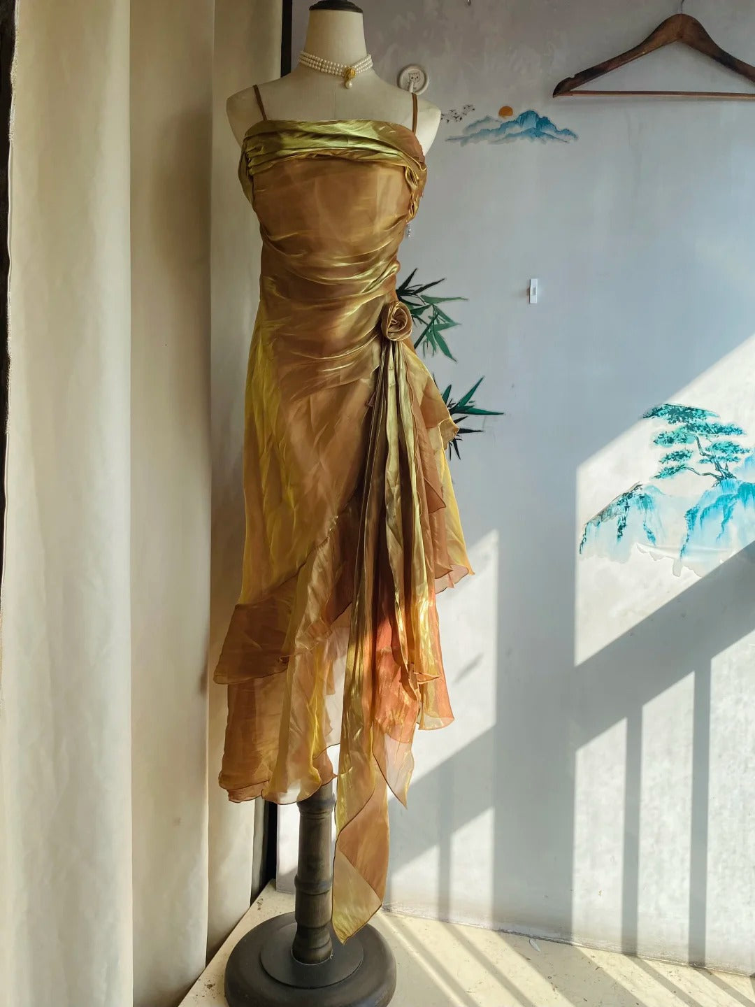 Vintage Gold-Brown Irregular Strap Pleated Satin Prom Dress Evening Dress