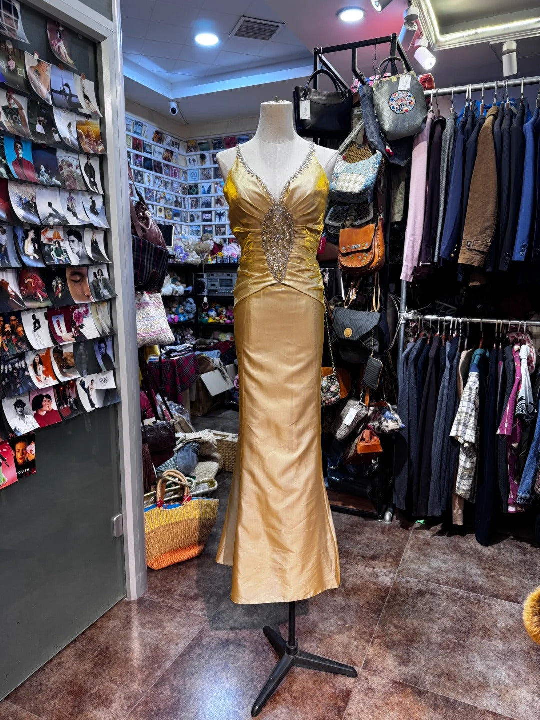 Vintage Gold Mermaid V-Neck Sequined Satin Long Prom Dress Evening Dress Secondary image