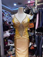 Vintage Gold Mermaid V-Neck Sequined Satin Long Prom Dress Evening Dress