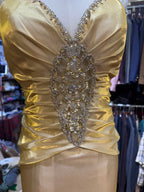 Vintage Gold Mermaid V-Neck Sequined Satin Long Prom Dress Evening Dress