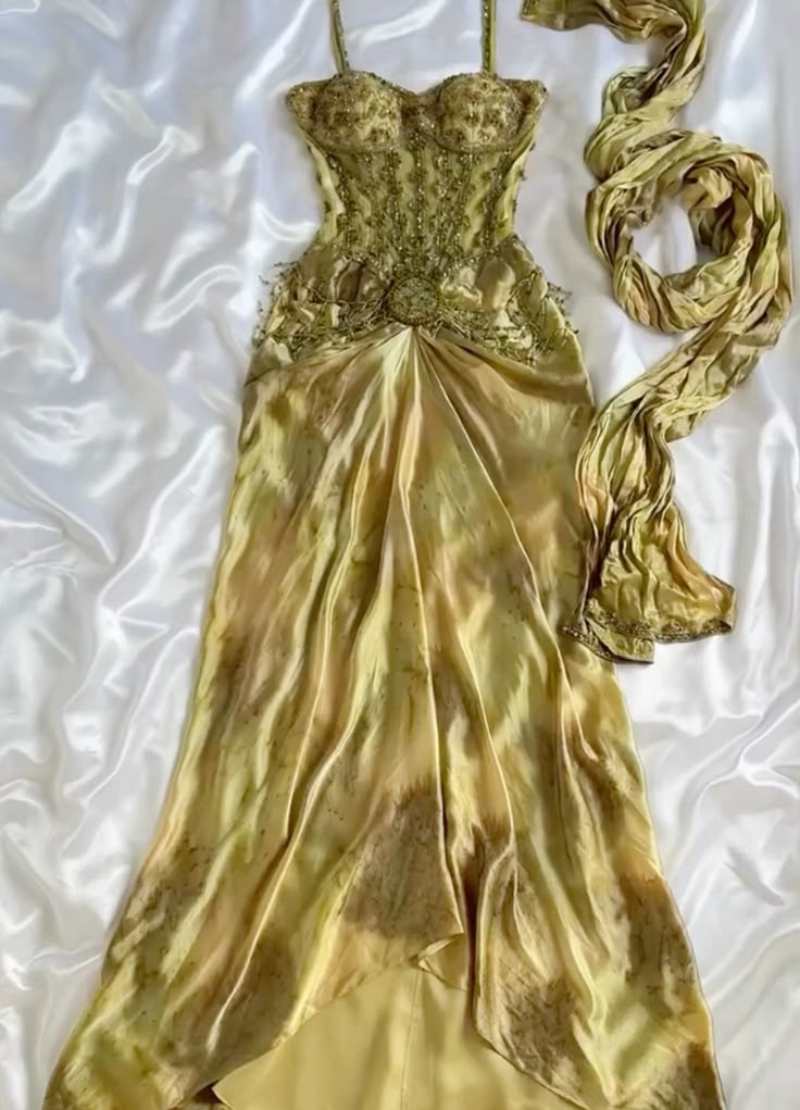Vintage Gold Spaghetti Strap Silk Sheath Prom Dresses Beaded Evening Gowns With Scarf Main image