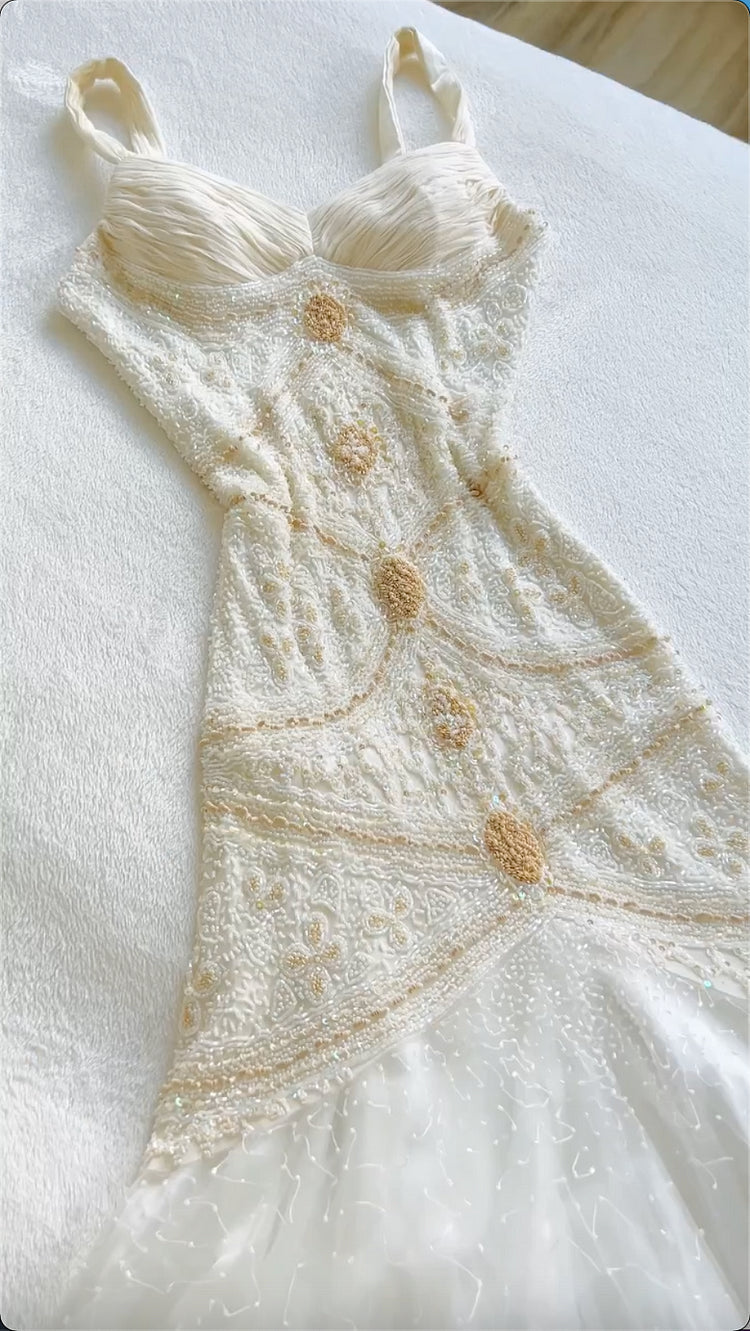 Vintage Gorgeous A Line StraP Beaded Ivory Chiffon Prom Dress Evening Dress Main image