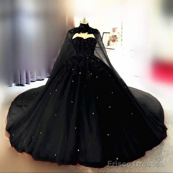 Vintage Gothic Style Black Quinceanera Dresses Ball Gown With Cape Prom Dresses Main image