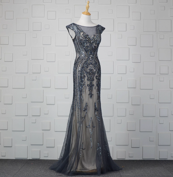 Vintage Gradient Grey-Blue Mermaid Crew Neck Beaded Sequin Tulle Long Prom Dress Evening Dress