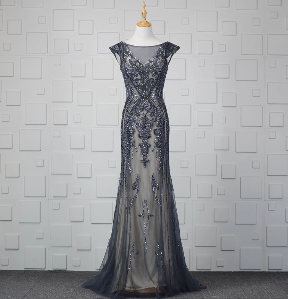 Vintage Gradient Grey-Blue Mermaid Crew Neck Beaded Sequin Tulle Long Prom Dress Evening Dress