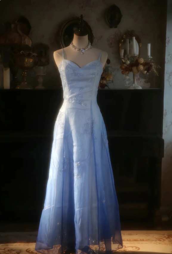 Vintage Gradient Light Blue A-Line Spaghetti Strap Beaded Tulle Long Prom Dress Evening Dress