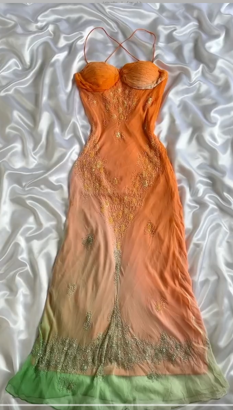 Vintage Gradient Orange Spaghetti Straps Chiffon Lace Sheath Prom Dresses Elegant Evening Dress Gowns Main image