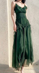 Vintage Green A-Line Spaghetti Strap Chiffon Long Prom Dress V-Neck Layered Evening Gown