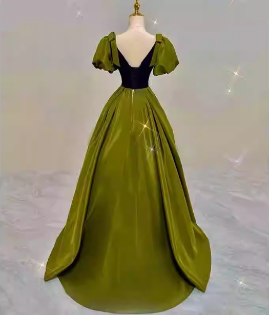Vintage Green A-Line V-Neck Puff Sleeve Satin Long Prom Dress Evening Dress Secondary image