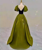 Vintage Green A-Line V-Neck Puff Sleeve Satin Long Prom Dress Evening Dress