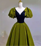 Vintage Green A-Line V-Neck Puff Sleeve Satin Long Prom Dress Evening Dress