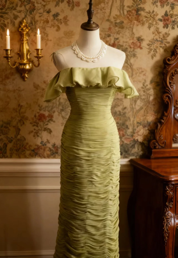 Vintage Green Fitted Off-Shoulder Ruffled Chiffon Long Prom Dress Evening Dress