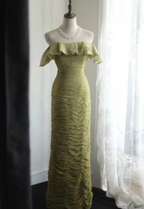 Vintage Green Fitted Off-Shoulder Ruffled Chiffon Long Prom Dress Evening Dress