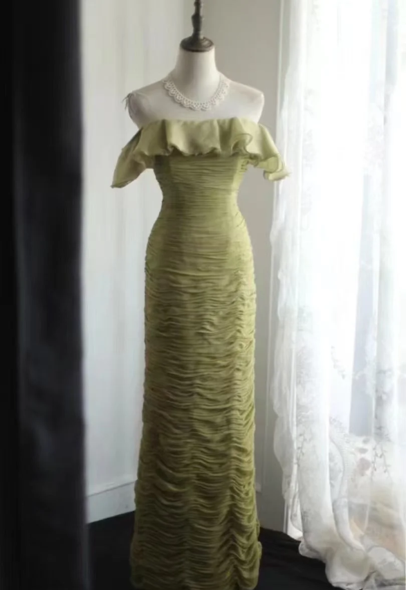 Vintage Green Fitted Off-Shoulder Ruffled Chiffon Long Prom Dress Evening Dress