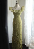 Vintage Green Fitted Off-Shoulder Ruffled Chiffon Long Prom Dress Evening Dress