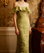 Vintage Green Fitted Off-Shoulder Ruffled Chiffon Long Prom Dress Evening Dress