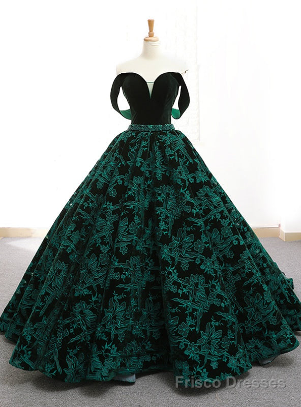 Vintage Green Lace Ball Gown Off The Shoulder Backless Wedding Dress Main image