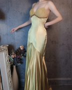 Vintage Green Mermaid Deep V-Neck Pleated Satin Long Prom Dress Evening Dress