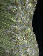 Vintage Green Mermaid Spaghetti Strap Satin Beaded Sequin Long Prom Dress Sweetheart Neck Evening Dress