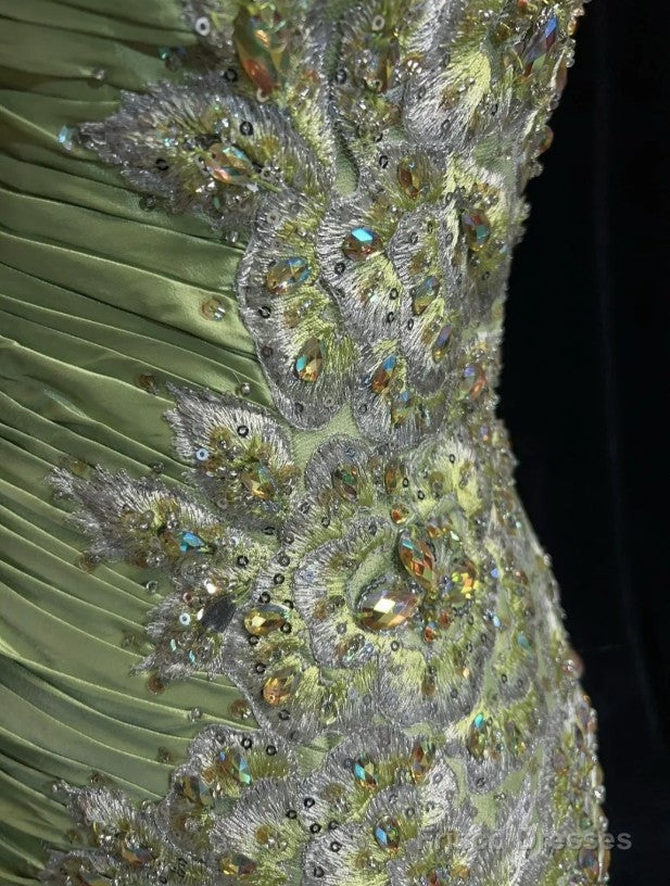 Vintage Green Mermaid Spaghetti Strap Satin Beaded Sequin Long Prom Dress Sweetheart Neck Evening Dress