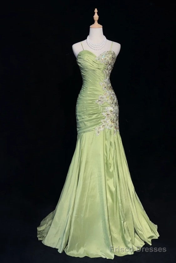Vintage Green Mermaid Spaghetti Strap Satin Beaded Sequin Long Prom Dress Sweetheart Neck Evening Dress Main image
