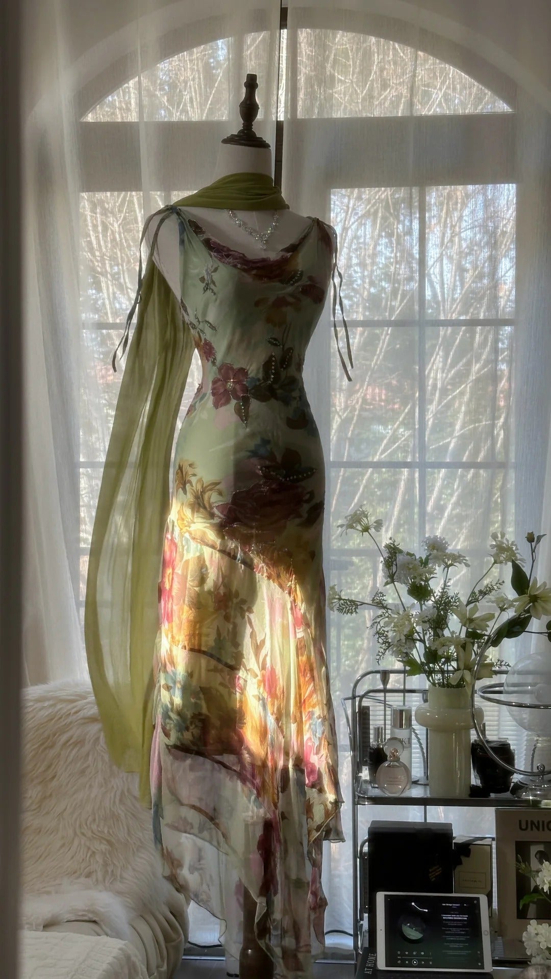 Vintage Green Oil Painting Chiffon Print Irregular Skirt Prom Dress Secondary image